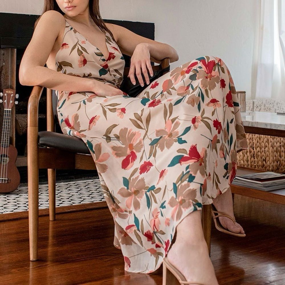 Lulu's Beige Floral Maxi Dress with Red & Teal Accents